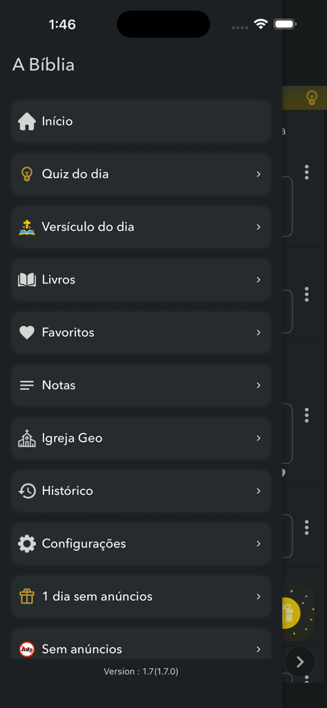 Bíblia Sagrada em Português - Menu de navegação lateral do aplicativo Bíblia Sagrada em Português mostrando recursos como Quiz Diário, Versículo do Dia e GeoChurch.