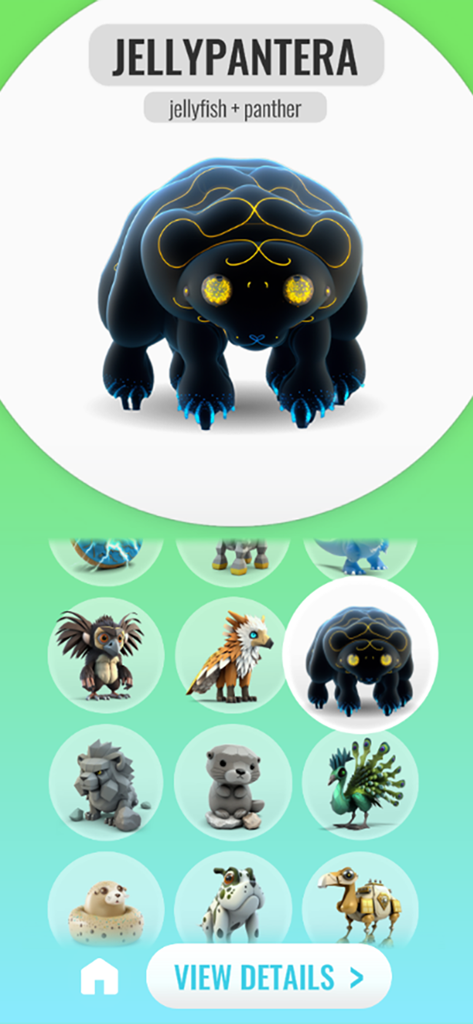 Animash - Interfaz de la aplicación Animash mostrando una fusión de criatura Jellypantera y una cuadrícula de varios animales híbridos.
