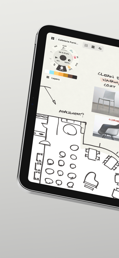 태블릿의 Concepts 앱 인터페이스에 표시된 평면도 스케치와 가구 무드보드.