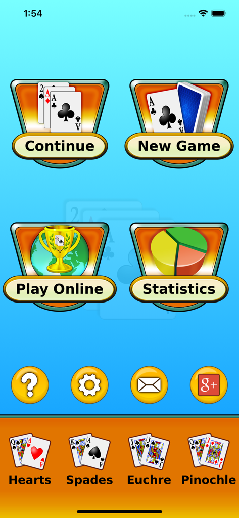 Canasta - Online & offline - Main menu of the Canasta app showing options for starting a new game, playing online, and viewing statistics.