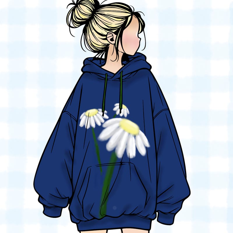 realistic girl with a oversized sweatshirt on and a bun