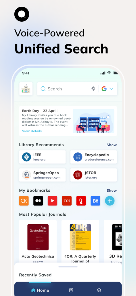 MyLOFT app interface showing voice powered unified search and academic library recommendations