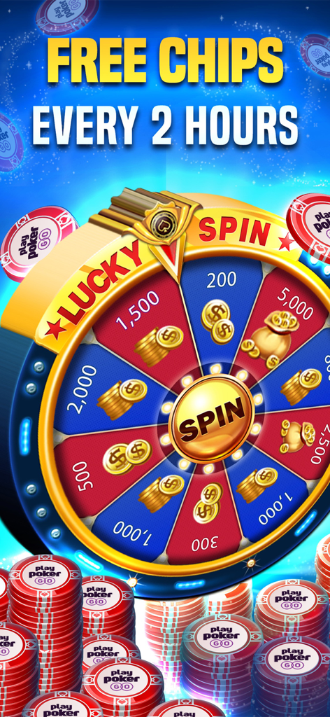 PlayPokerGO - Texas Hold’em - Lucky Spin wheel in PlayPokerGO showing free chip rewards available every two hours