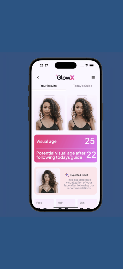 GlowX: AI Beauty & Makeup Tips - GlowX app interface showing AI visual age analysis and predicted glow up results