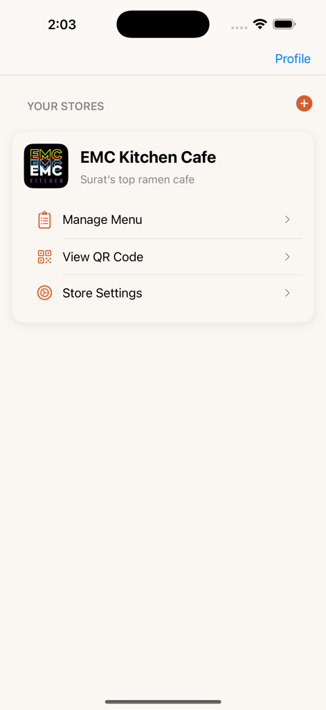 The Lazy Potato - Dashboard of The Lazy Potato app showing store management options for a cafe including menu management and QR code access