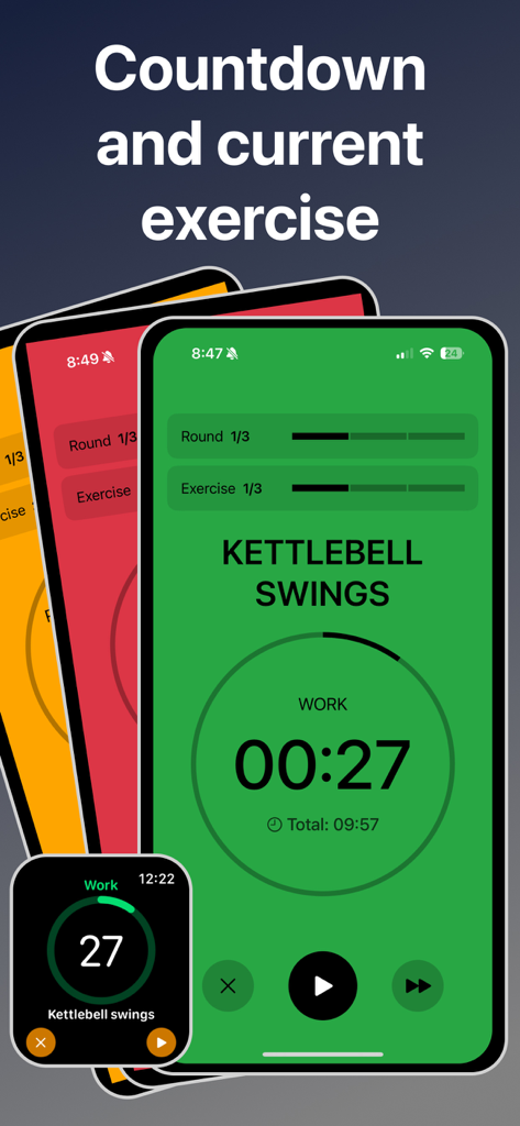 Interval Timer HIIT Workout - Interval Timer HIIT Workout app showing a green countdown screen for kettlebell swings on an iPhone and an Apple Watch.
