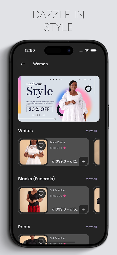 Miss Dee Clothing - Miss Dee Clothingモバイルアプリのインターフェース。女性ファッションカテゴリと割引プロモーションバナーが表示されています。