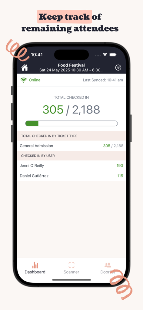 Tableau de bord de l'application Ticket Tailor montrant les progrès d'enregistrement des participants en temps réel et les statistiques du personnel pour un événement