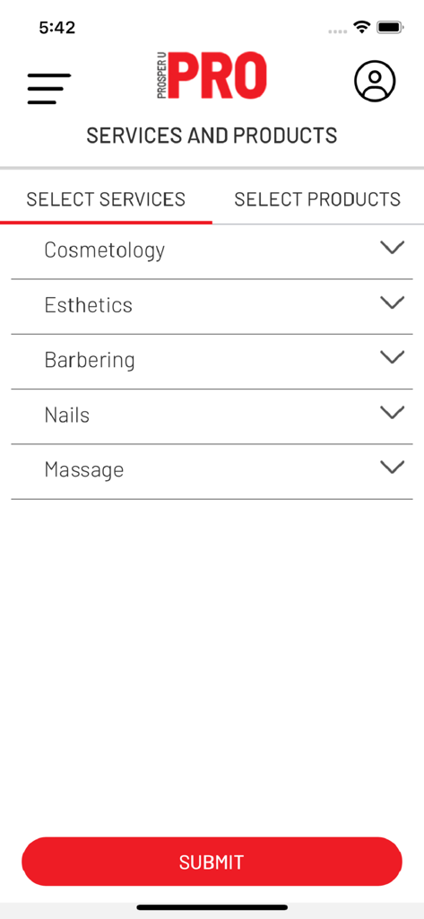 Prosper U - Prosper U app interface showing service categories like cosmetology, esthetics, and barbering for professionals.