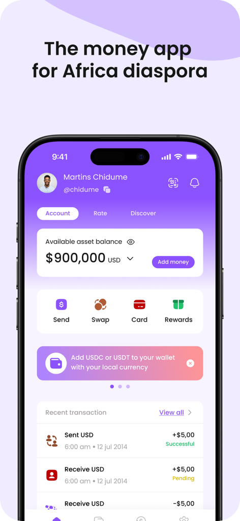 SFx Money App - SFx Money App mobile interface showing a US dollar account balance and recent global transactions.