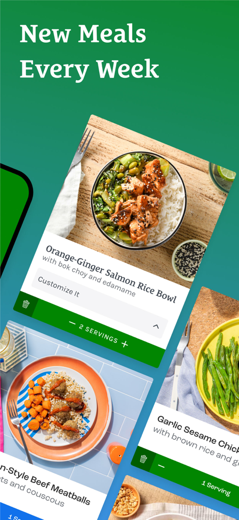 Home Chef app interface showing weekly meal kit options like salmon bowls and meatballs with customization features