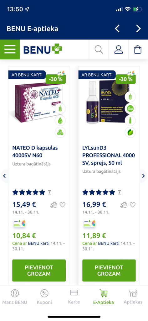 BENU Aptieka - Mobile app screen showing vitamin D supplements with 30 percent discounts for loyalty card members in the BENU e-pharmacy.
