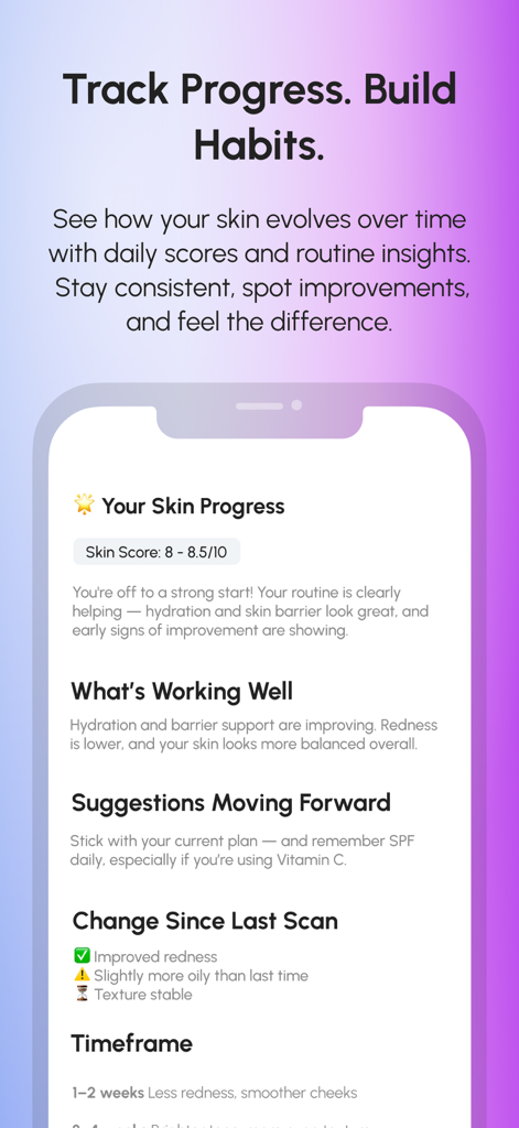 Glow Minder: Improved Skin - Interfaz de la aplicación Glow Minder que muestra un informe de progreso de la piel con una puntuación de la piel e información de análisis