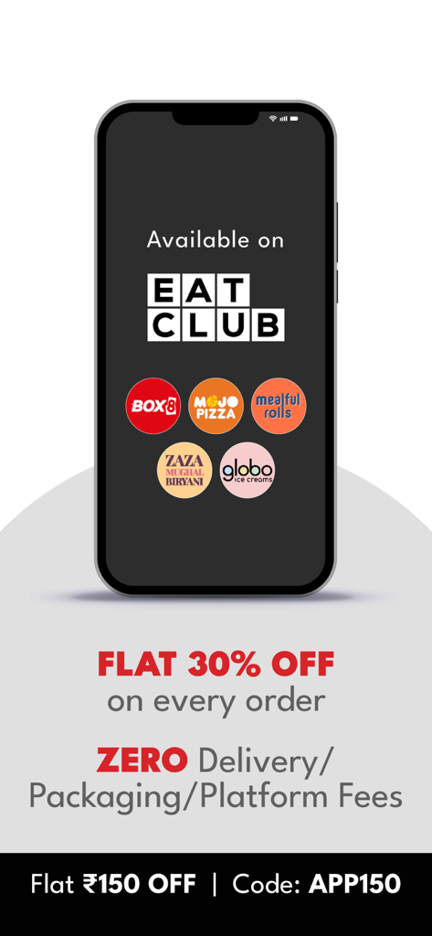 BOX8: Food Delivery App - BOX8 app promotional screen showing EatClub membership benefits with 30 percent off and zero delivery fees across brands like Mojo Pizza and Zaza Biryani