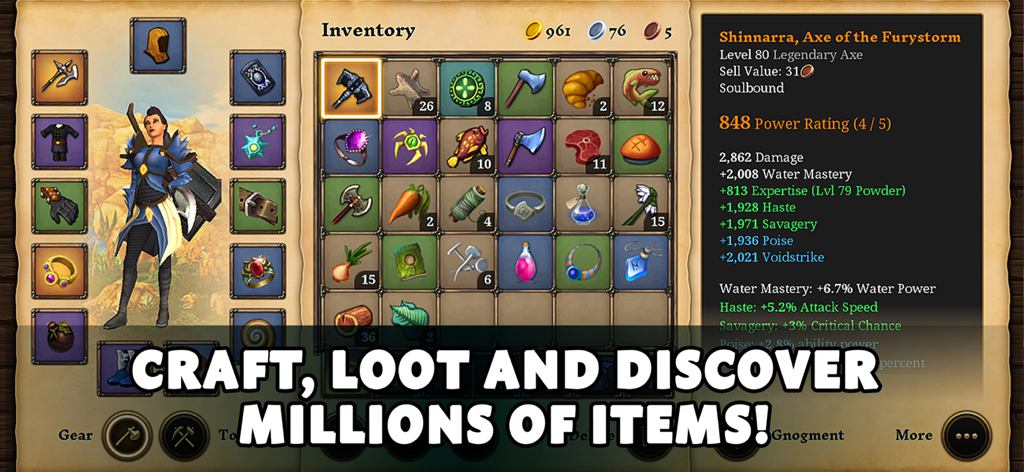 Villagers & Heroes - Écran d'inventaire du personnage dans Villagers and Heroes montrant de l'équipement légendaire et divers objets de butin