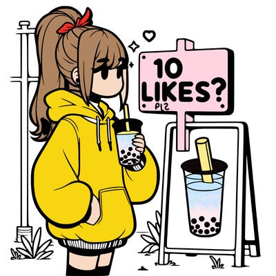 girl with oversized hoodie drinking boba and she has a high ponytail with a sign that says 10likes?