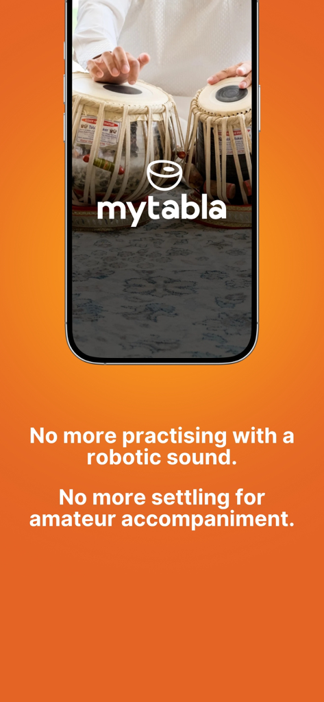 MyTabla app screen promoting professional and authentic tabla accompaniment for Indian classical music practice.