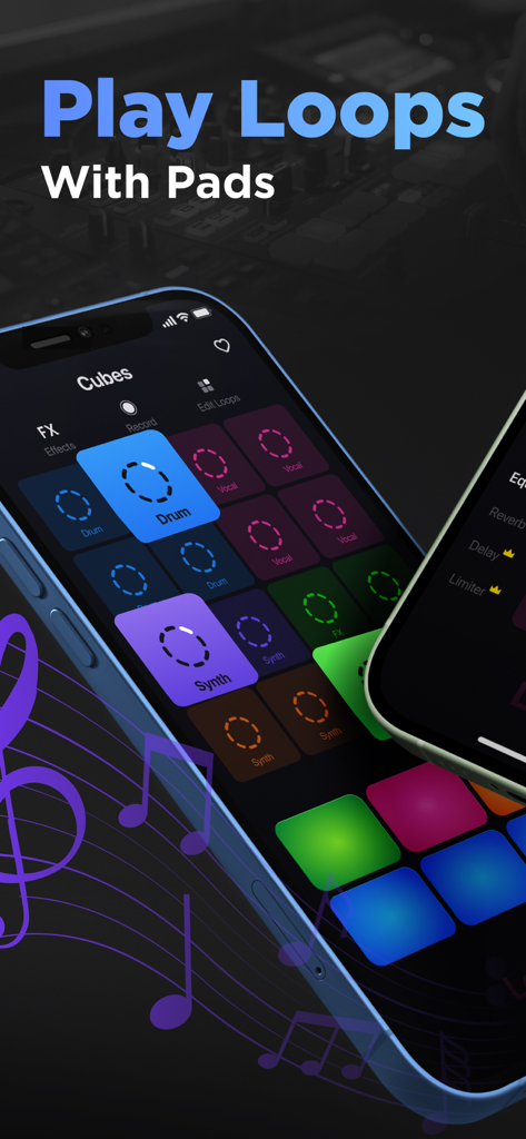 LooPad - Music & Beat Maker - Interface of LooPad music app showing colorful loop pads for drums and vocals