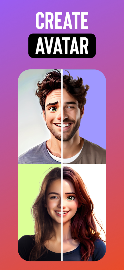 Una vista de pantalla dividida que muestra fotos reales de un hombre y una mujer junto a sus versiones de avatar de caricatura estilizadas.