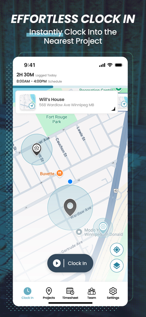ConstructionClock Time Tracker - ConstructionClock mobile app interface displaying a GPS map with job site locations and a clock in button