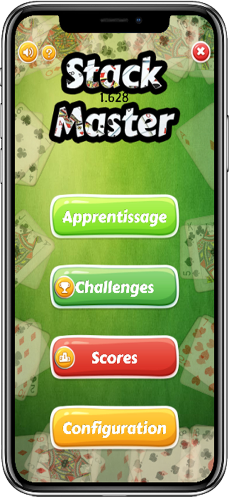 Stack Master - Main menu screen of the Stack Master mobile app for card magicians featuring training and challenge options.