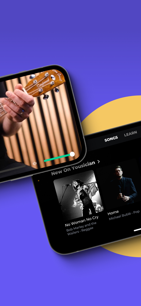 Ukulele by Yousician - Two phone screens showing a ukulele video lesson and the popular songs library.