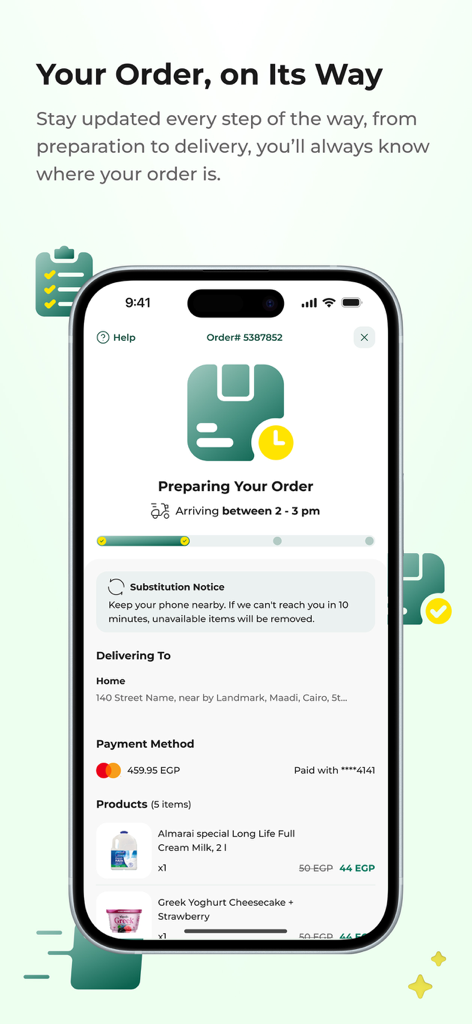 SPINNEYS ONLINE SHOP - モバイルアプリのインターフェース、食料品のリアルタイム注文追跡と配達状況を表示