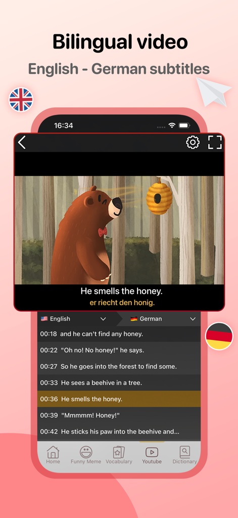 English Well: Learn 4 Skills - English Wellアプリのバイリンガルビデオプレーヤーインターフェース。カートゥーンの英語とドイツ語の字幕が表示されています