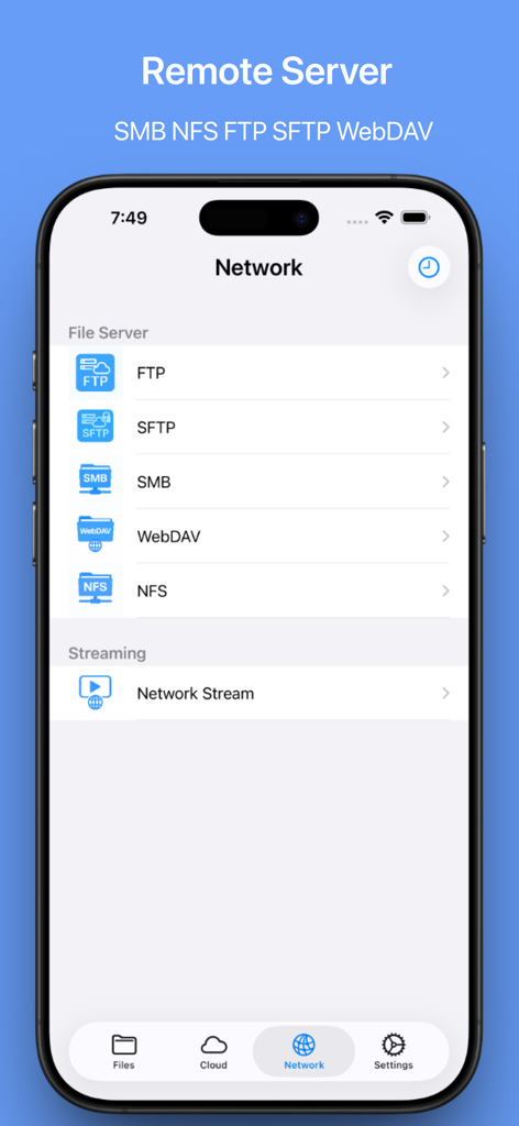 MyFiles - File Manager Browser - Tela de rede do aplicativo MyFiles mostrando opções de servidor remoto, incluindo FTP, SFTP, SMB e WebDAV