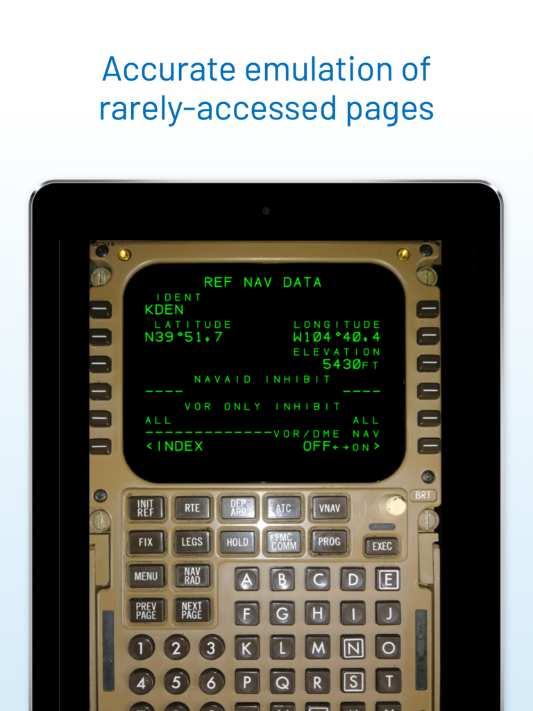 iPad画面にREF NAV DATAページを表示するボーイング757および767 FMSエミュレーター