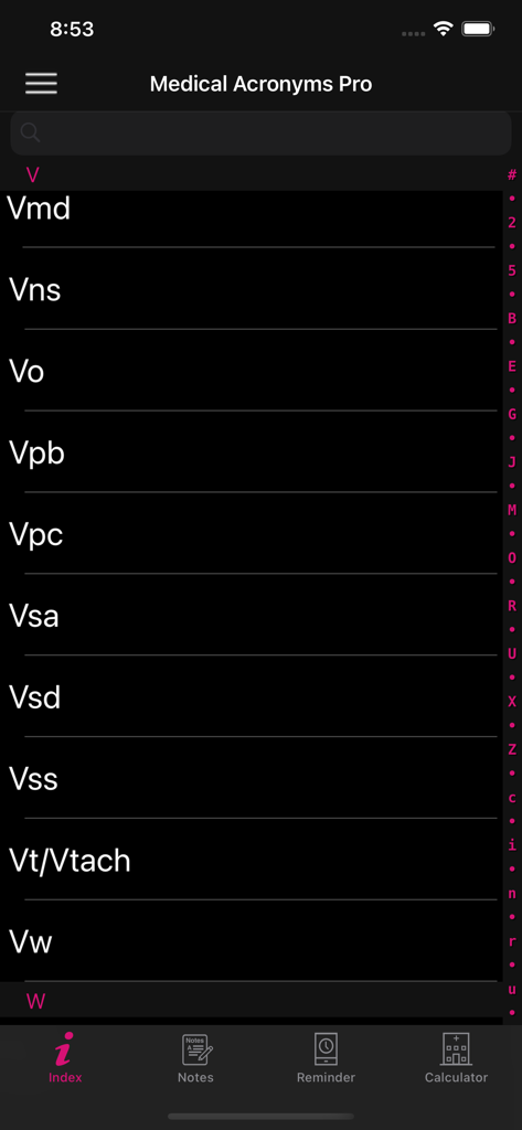 Interface of the Medical Acronyms Pro app displaying a list of medical abbreviations starting with the letter V