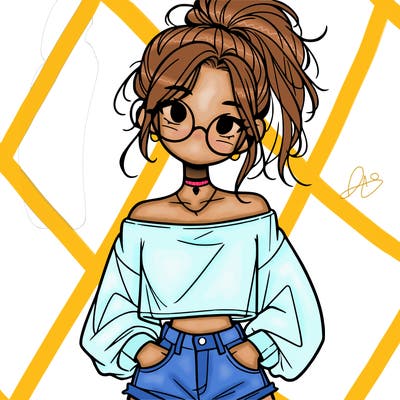 girl with a messy ponytail glasses a baggy crop top and jean shorts