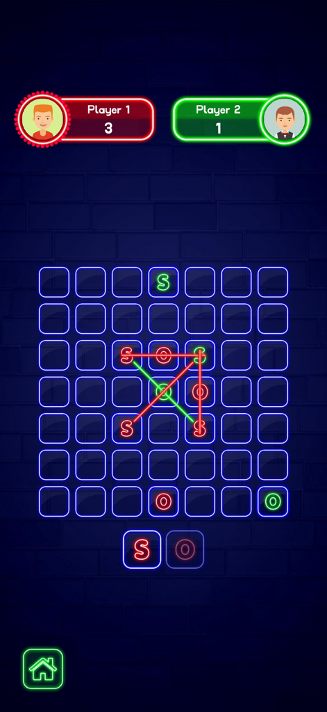 SOS Glow: Offline Multiplayer - Interface du jeu SOS Glow présentant un plateau stylisé néon avec les scores des joueurs et le gameplay multijoueur local.