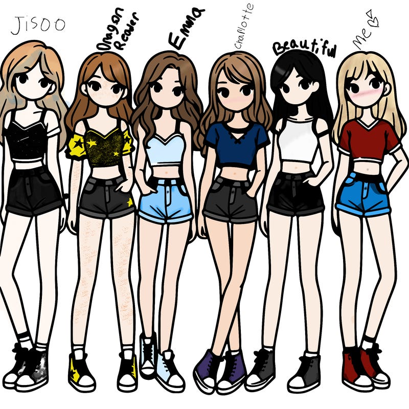 a group of girls wearing crop tops and shorts