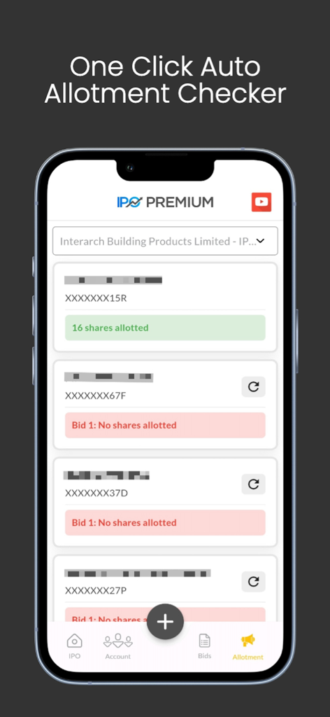 IPO Premium mobile app interface showing the one click auto allotment checker feature with share allocation results