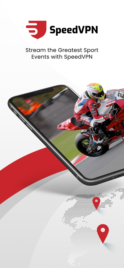 SpeedVPN-Logo und iPhone, die ein Motorradrennen zum Streamen von Sport zeigen