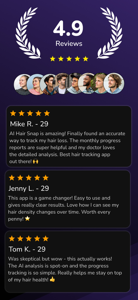 Hair Snap - AI Health & Care - Positive user reviews and a 4.9 star rating for the Hair Snap AI hair health and care app.