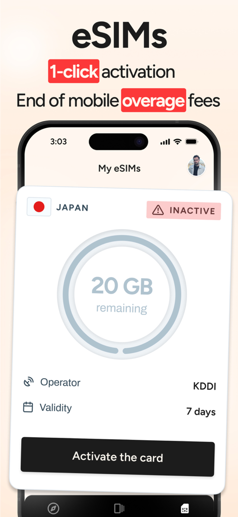 voilà : Travel guides & eSIMs - Interfaz de la aplicación voilà que muestra una eSIM de Japón con activación de un clic y 20 GB de datos.