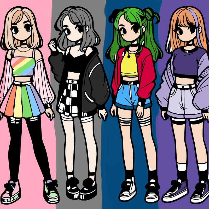 one girl with crop-top shirt and a jacket with a skirt, long socks and another girl with a shirt and pants with a jacket