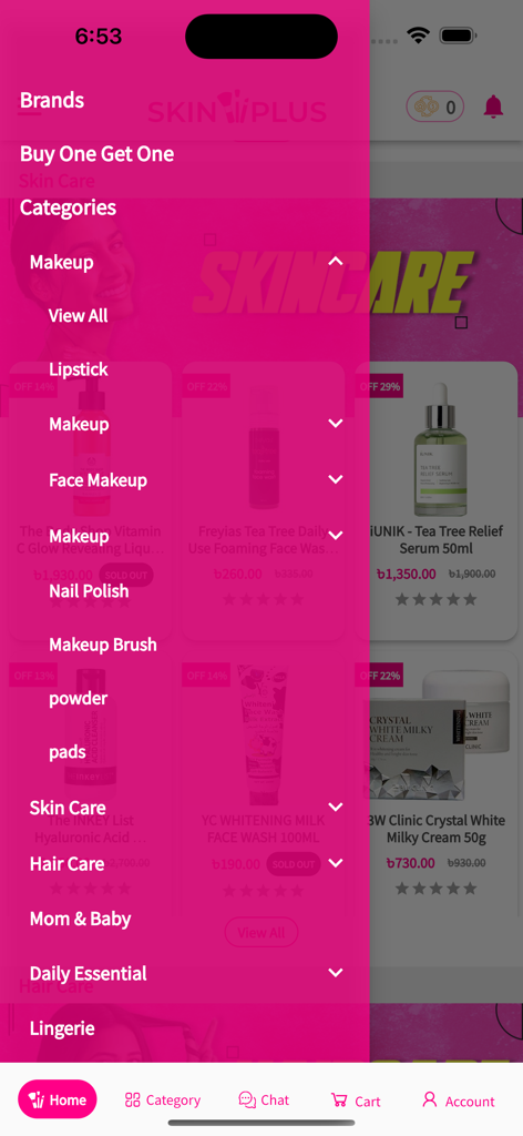 Skinplus - Skinplus mobile app side menu showing beauty and skincare categories