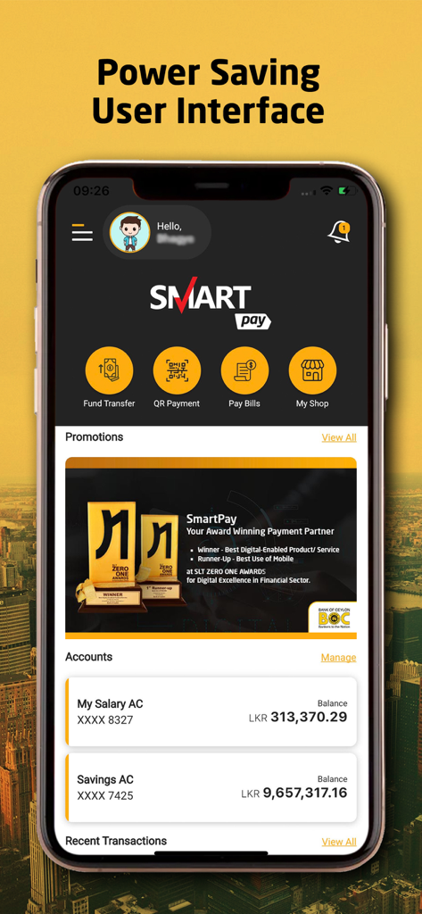 Painel do aplicativo móvel BOC SmartPay mostrando saldos de contas e opções de pagamento em modo escuro