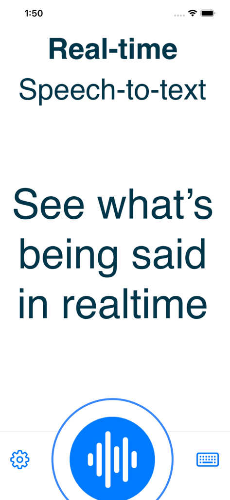 Wushi: Live Transcribe Voice - Wushi app interface showing real-time speech to text transcription with large readable font and a voice recording button