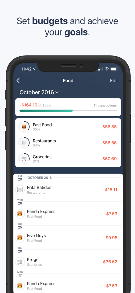Slope - Finance Tracker - Slope app interface showing food budget tracking and detailed transaction history