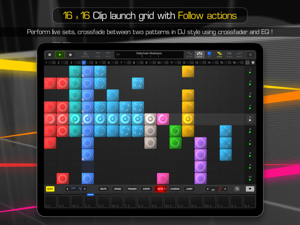 Groove Rider 2 - Interfaccia della griglia di lancio clip 16x16 in Groove Rider 2 per performance dal vivo su iPad