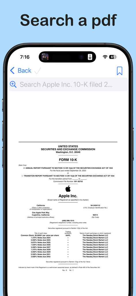 Pdf Text Search - PDFテキスト検索アプリのインターフェースを表示するモバイル画面。上部には検索バーがあり、Apple Incの10-K文書が表示されています。