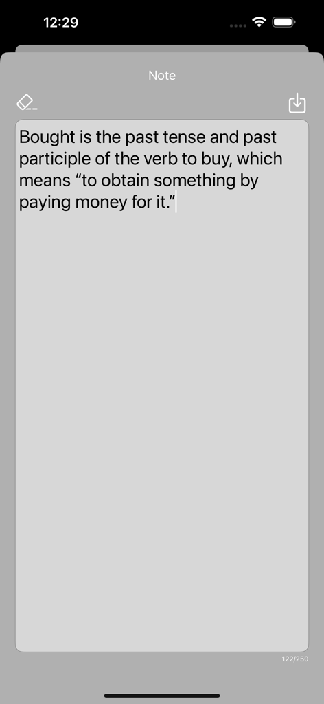 Captura de tela do recurso de notas no aplicativo QTranslate Translator mostrando uma explicação gramatical para o verbo bought.