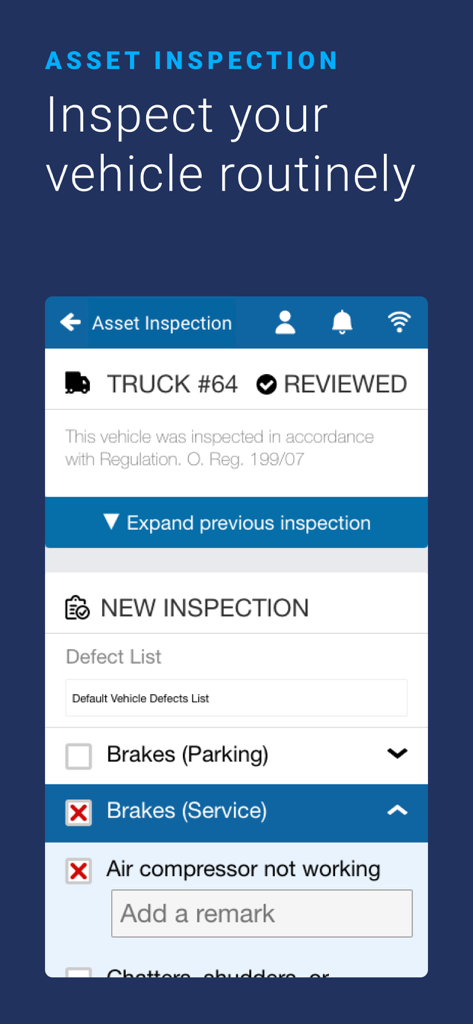 Geotab Drive mobile app interface for digital vehicle asset inspection and defect reporting