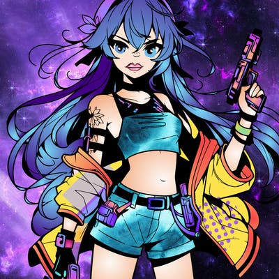 bad girl wearing crop top holding a gun long hair anime