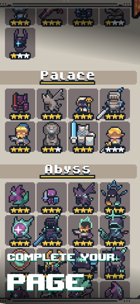 Guidus - Guidus character collection page featuring pixel art heroes and monsters from Palace and Abyss regions
