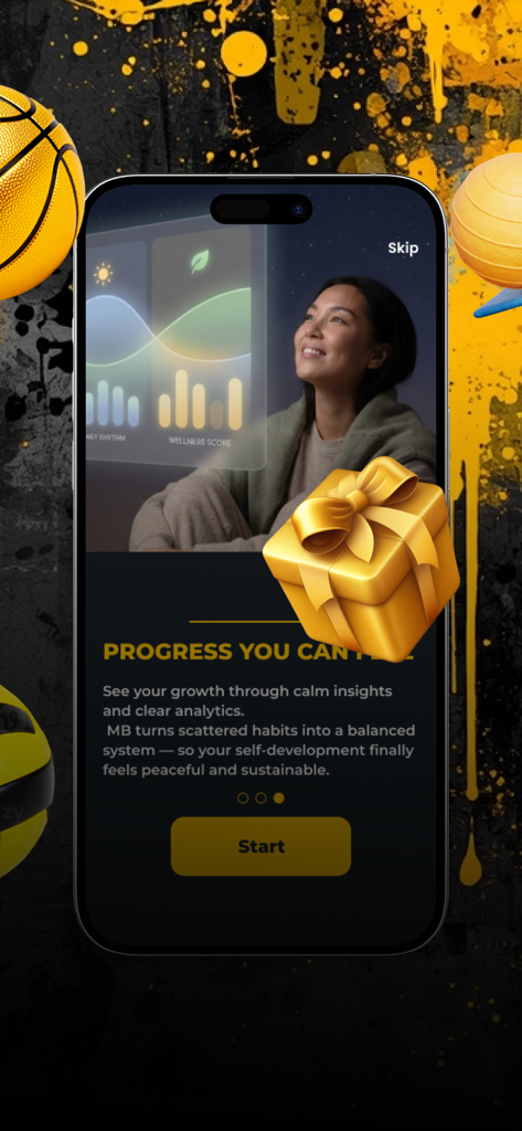 Écran de progression de l'application Mind Balance Rituals montrant des graphiques de bien-être et des analyses calmes de suivi d'habitudes.